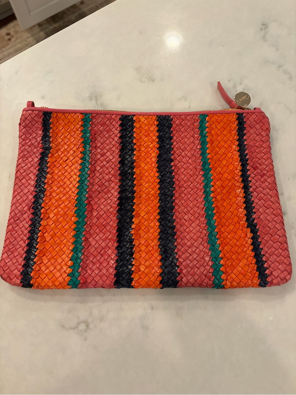 Clare V. Woven Stripe Clutch Clutch in Pink, Orange, Navy & Teal